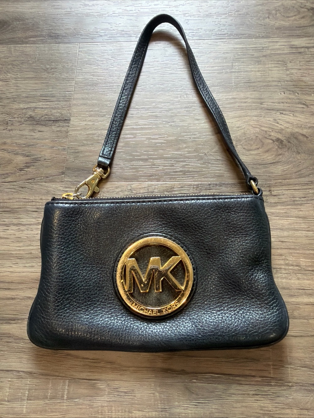 Michael Kors Black Leather Wristlet with Gold MK Medallion